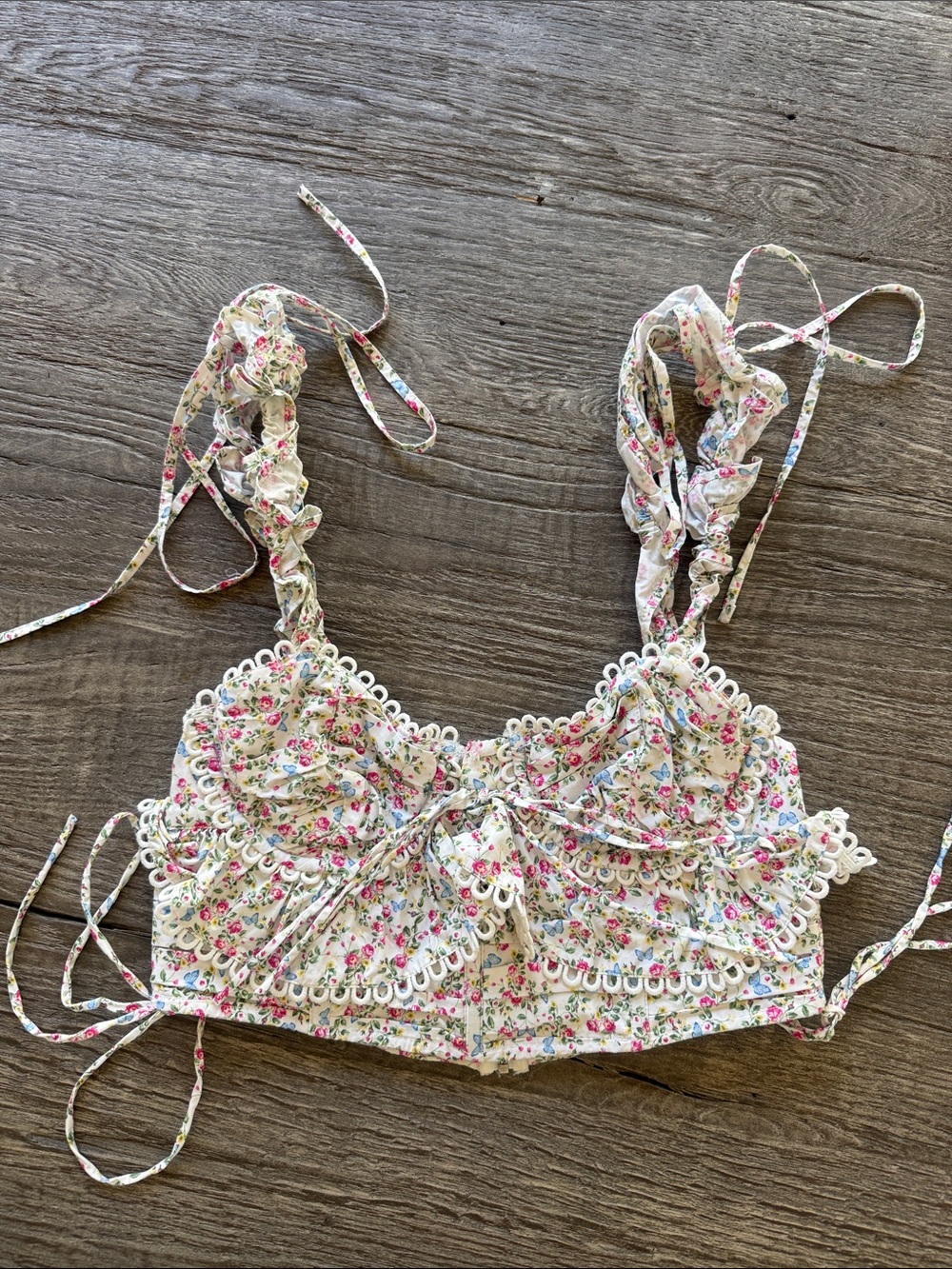 For Love & Lemons Floral Eyelet Bustier Top in White with Pink & Green